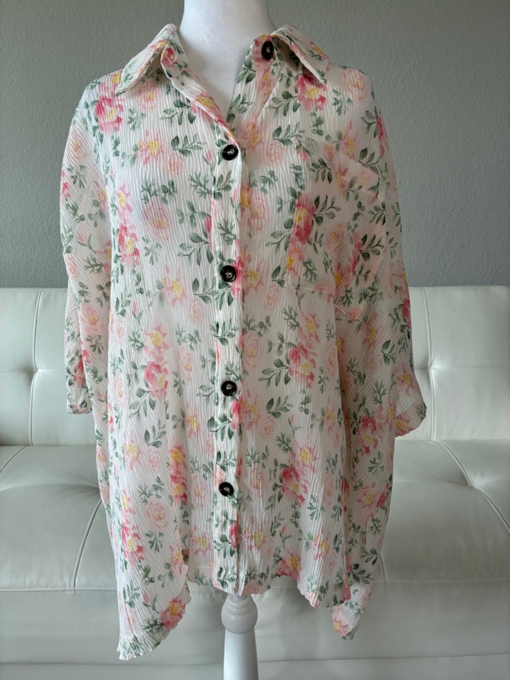 BiBi Oversized Floral Button-Down Shirt in Pink, Green, Yellow